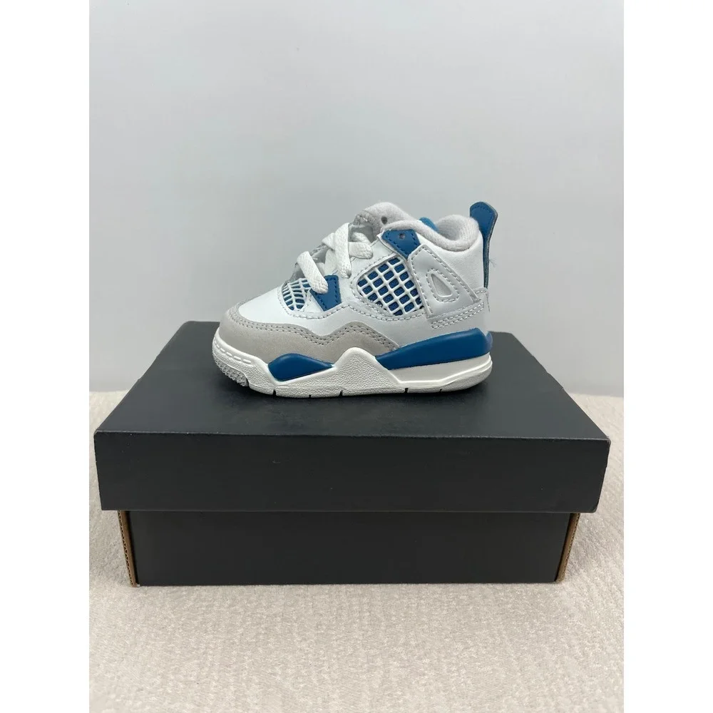 Jordan 4 Retro Military Blue Toddler Sneakers White Blue BQ7670-141 Size 3C